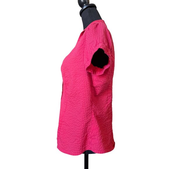 pink ruched textured collared short sleeve button front top stretch cotton - Picture 3 of 9